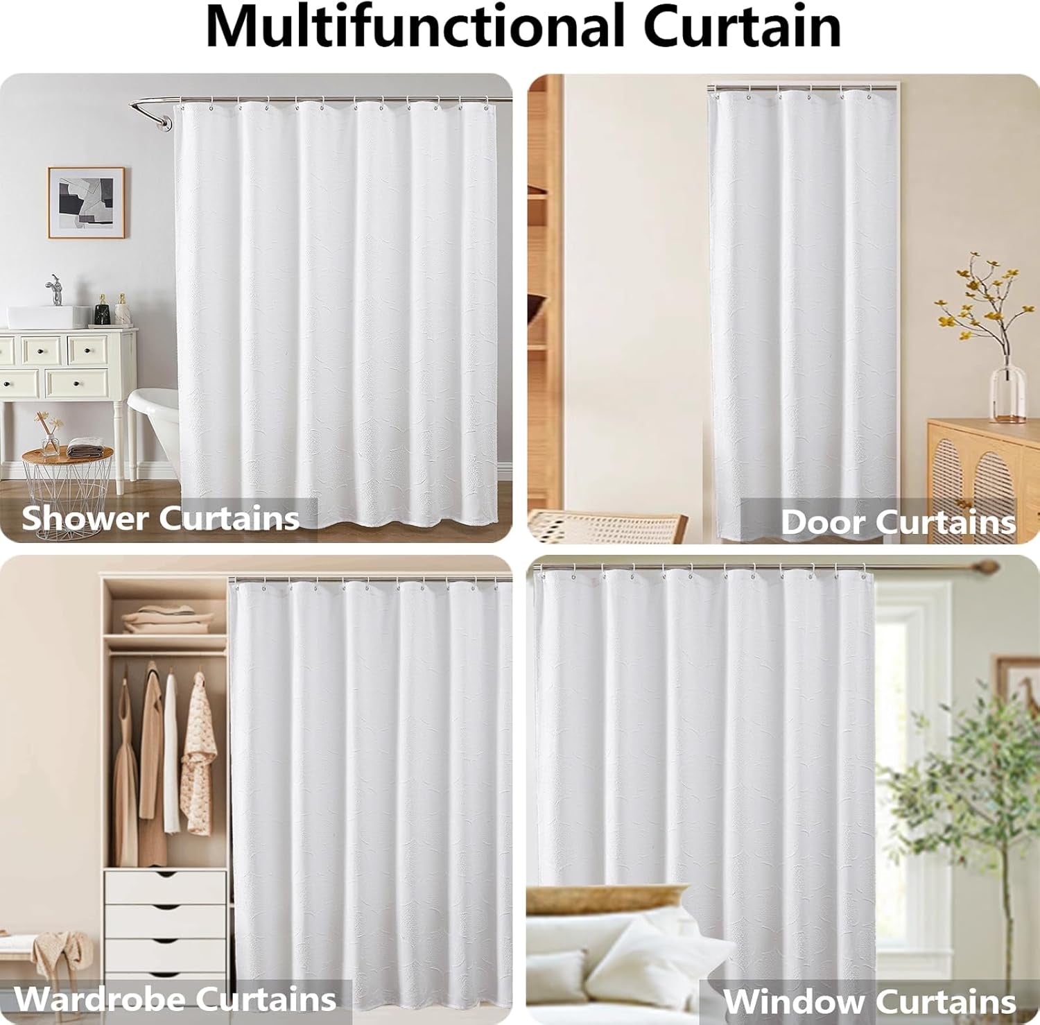 White Shower Curtain Set for Bathroom, 36" Stall Small Boho Design with 12 Hooks, Soft Lightweight Jacquard Fabric, Machine Washable, 36 W X 72 L