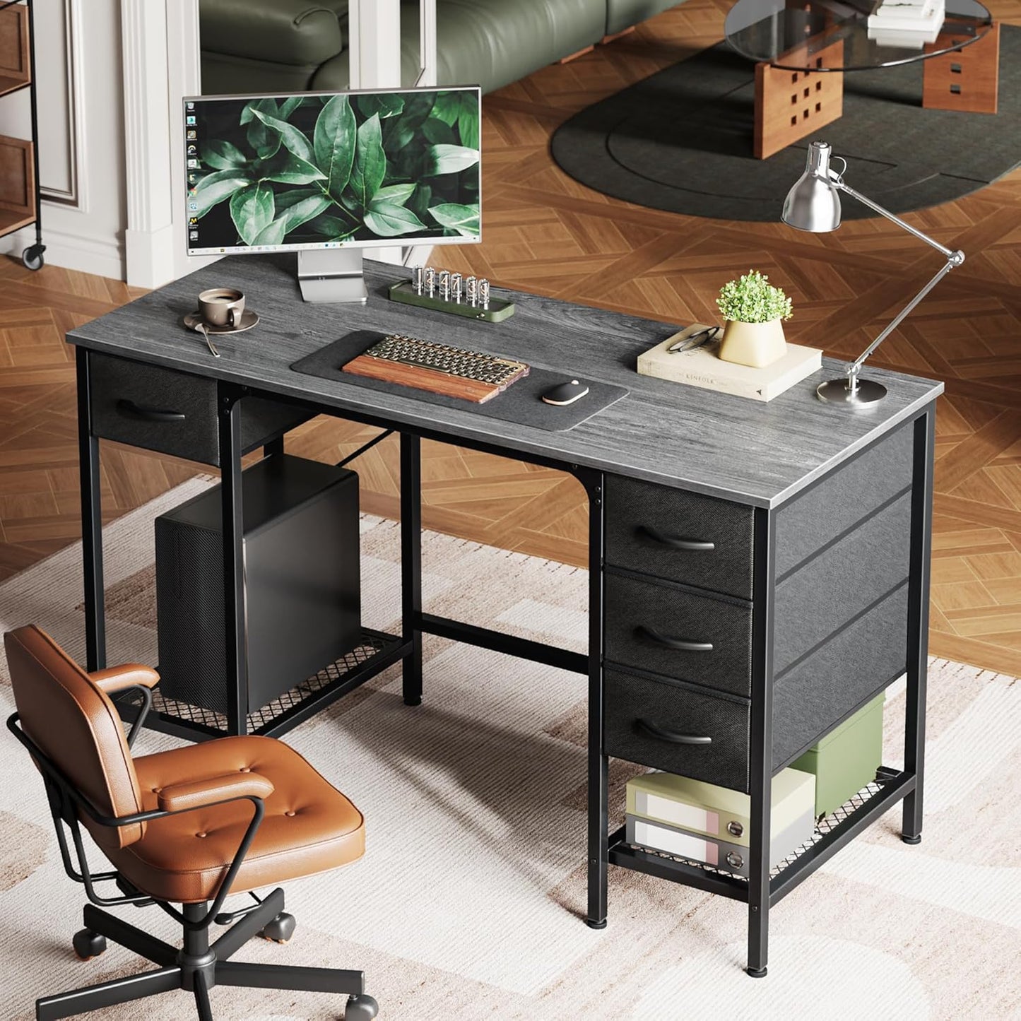 47-Inch Executive Computer Desk with Four Drawers and Mesh Shelf - Versatile Office and Gaming Workstation for Home, Study, and Bedroom, Grey