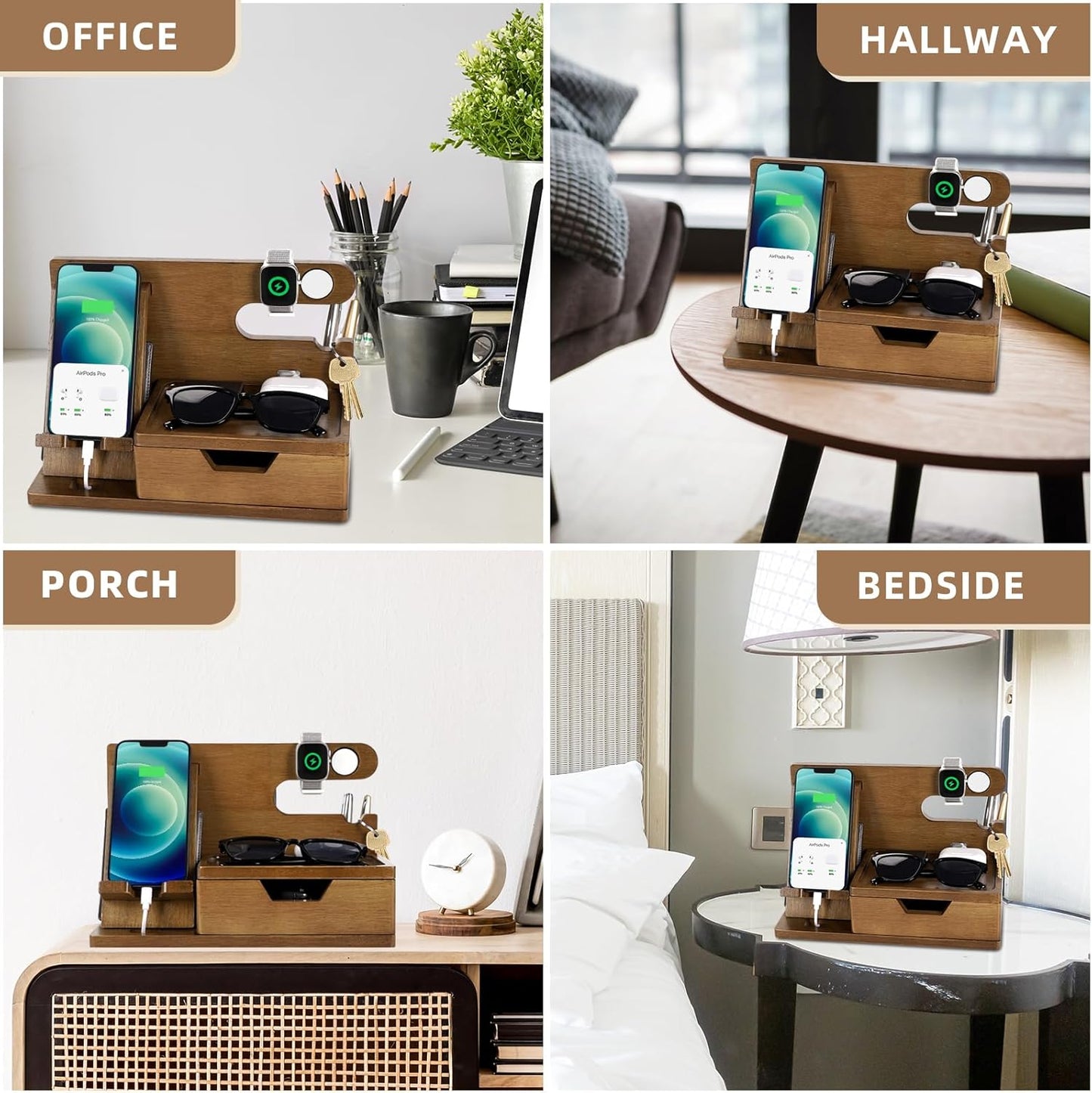 Gifts for Men Him Husband Dad, Wood Phone Docking Station with Drawer, Birthday Anniversary Men Him Husband Boyfriend Gifts from Girlfriend, Mens Nightstand Organizer Presents Ideas