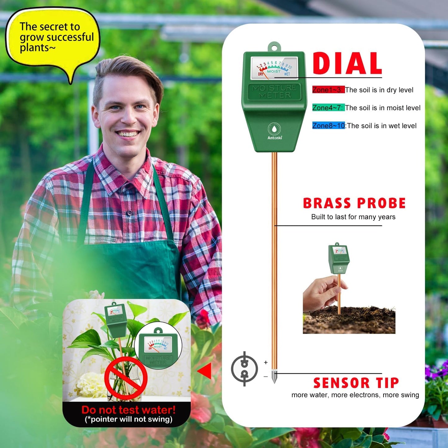 2 Pack Soil Moisture Meter, Plant Water Monitor Hygrometer Sensor, Soil Water Tester Kit for Outdoor and Indoor Potted Plants, Flower, Gardening, Farming - No Battery Required