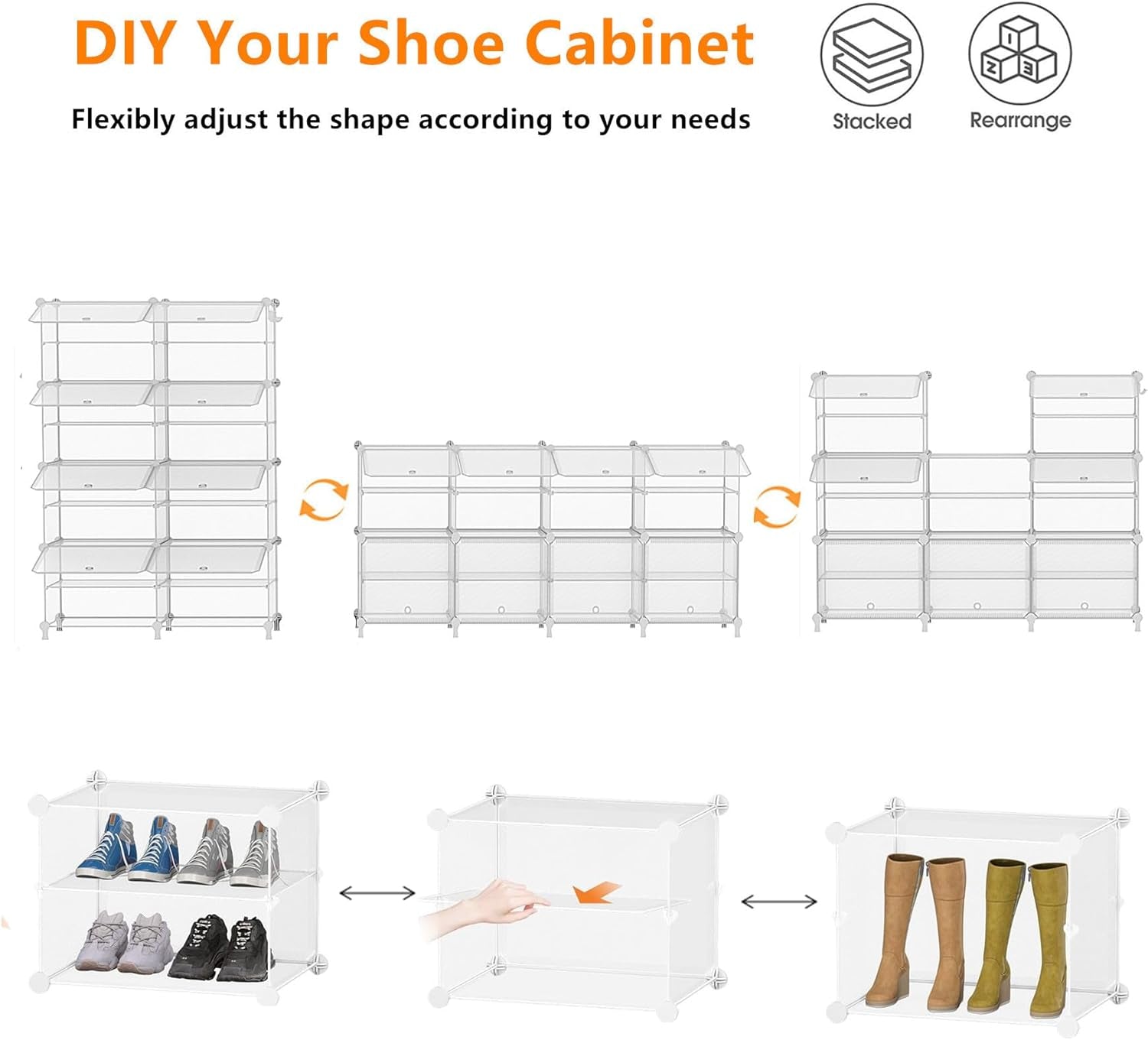 Shoe Rack, 8 Tier Shoe Storage Cabinet with Door, 32 Pair Shoe Organizer Shelves for Closet Hallway Bedroom Entryway, Transparent Twill