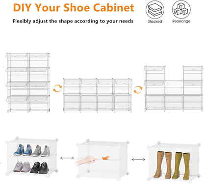 Shoe Rack, 8 Tier Shoe Storage Cabinet with Door, 32 Pair Shoe Organizer Shelves for Closet Hallway Bedroom Entryway, Transparent Twill
