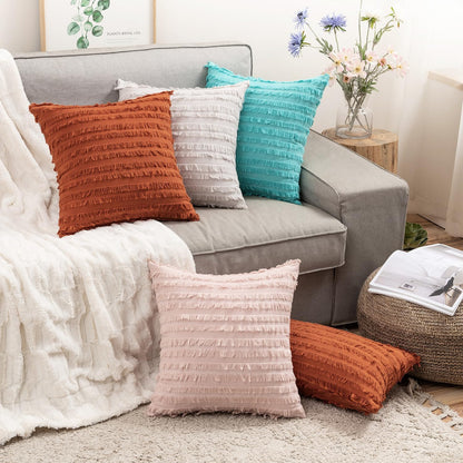 Set of 2 Fall Decorative Boho Throw Pillow Covers Linen Striped Jacquard Pattern Cushion Covers for Sofa Couch Living Room Bedroom 18X18 Inch Rust