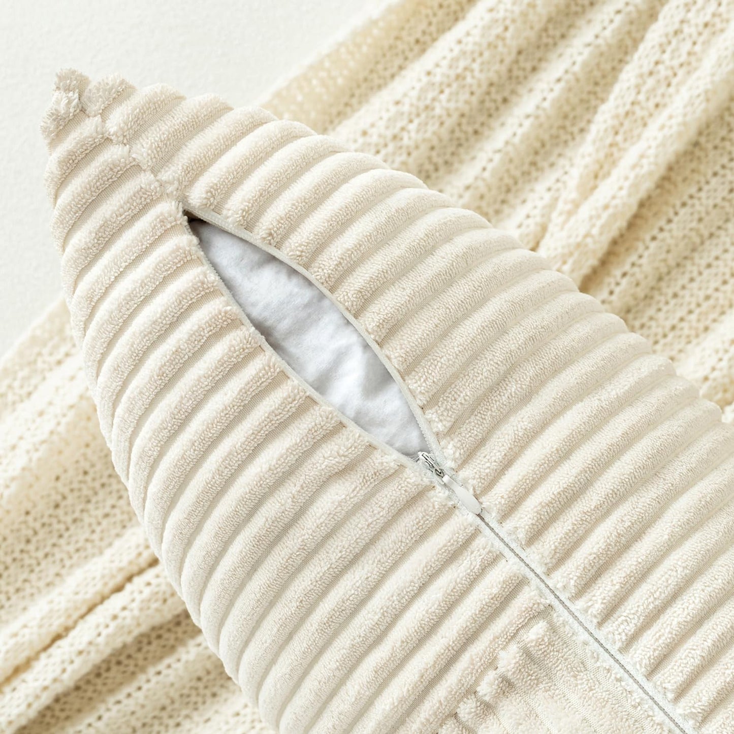 Beige Corduroy Decorative Pillow Covers - Set of 2, Soft Solid Couch Pillowcases with Cross Patchwork Design for Living Room and Bedroom, 12x24 Inches