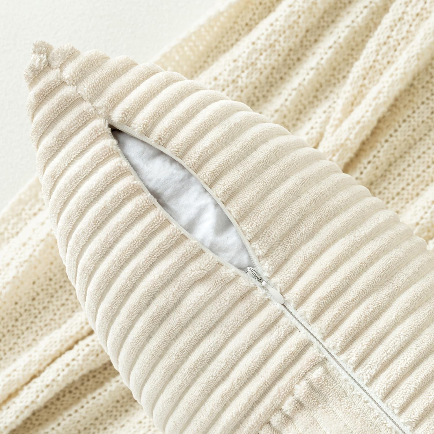 Beige Corduroy Decorative Pillow Covers - Set of 2, Soft Solid Couch Pillowcases with Cross Patchwork Design for Living Room and Bedroom, 12x24 Inches