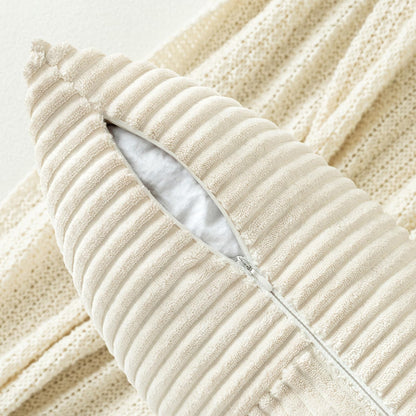 Beige Corduroy Decorative Pillow Covers - Set of 2, Soft Solid Couch Pillowcases with Cross Patchwork Design for Living Room and Bedroom, 12x24 Inches