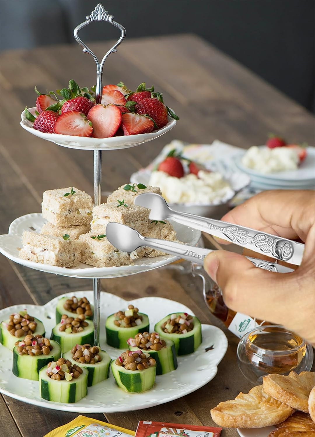 6PCS Mini Serving Tongs 5-Inch Small Sugar Tongs, Tiny Stainless Steel Kitchen Tong for Appetizers, Tea Party, Coffee Bar, Desserts (Silver)