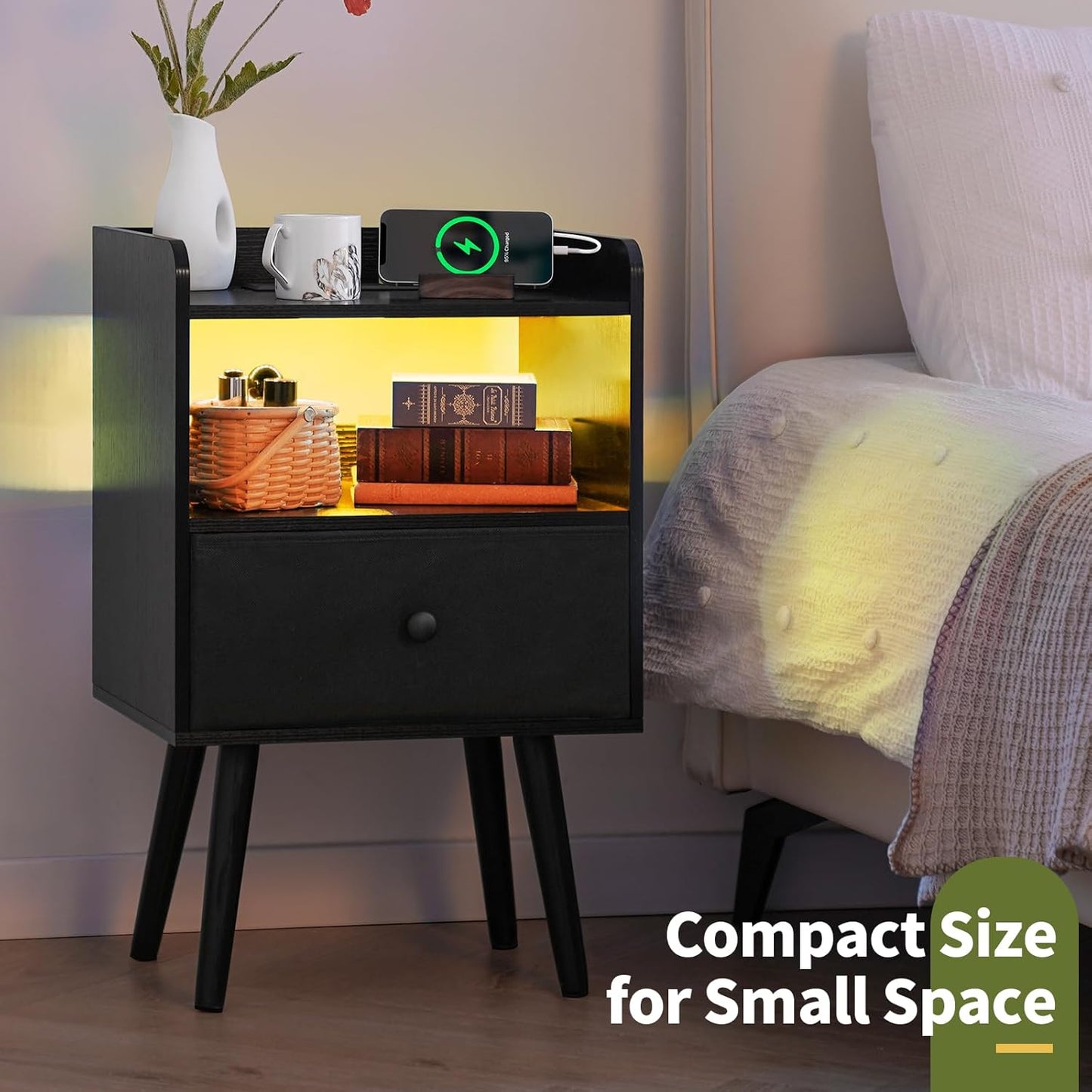 Nightstand with Charging Station, Modern Night Stand with LED Lights, Wood Nightstands with Fabric Drawer & Storage Shelf, Night Stands Bedside Table with USB Ports for Bedroom, Office, Home