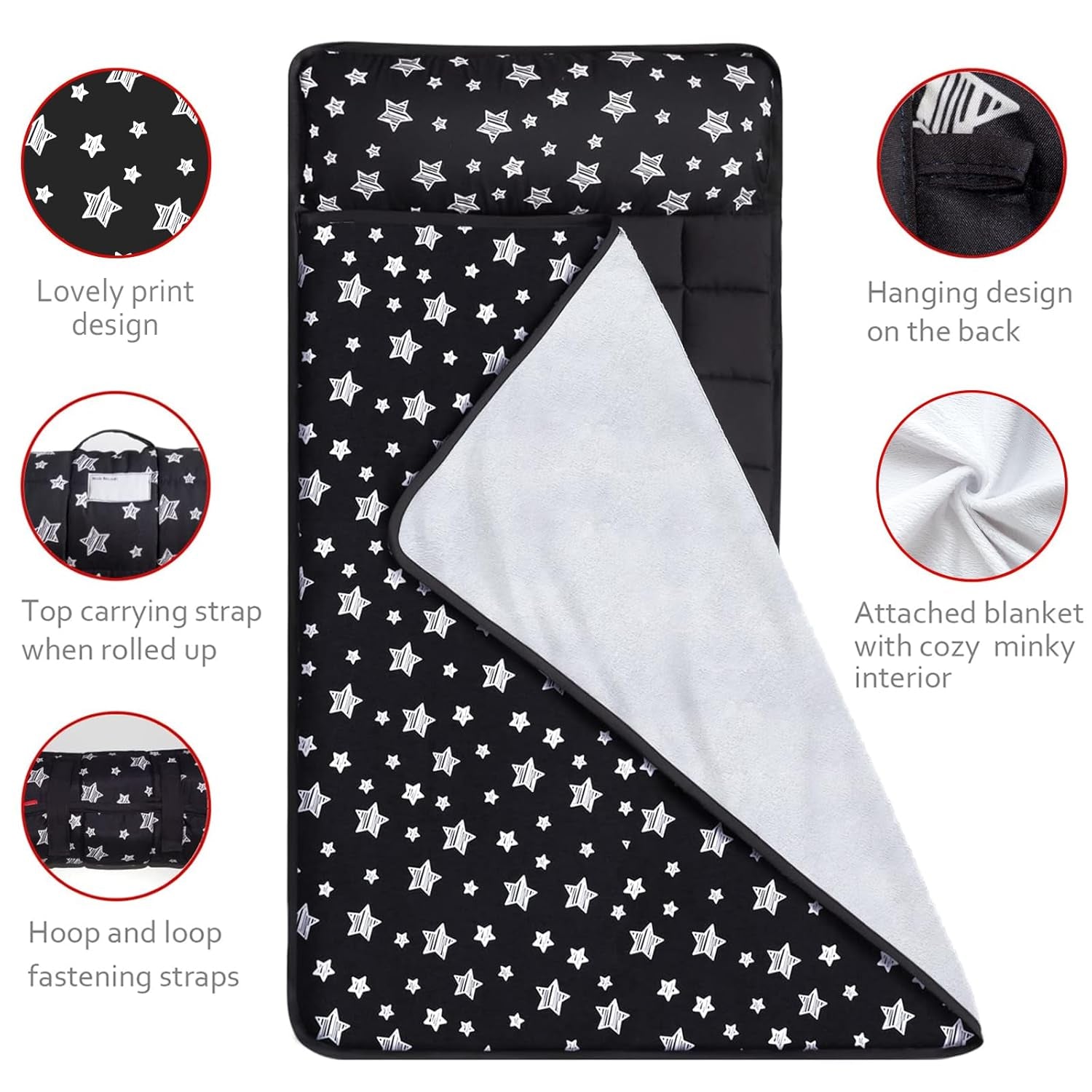 Toddler Sleeping Bag Nap Mat Black with Fleece Blanket, Lightweight, Soft Perfect for Kids Preschool, Daycare, Travel Sleeping Bag Boys Girls, 21" X 50" Fit Standard Cot