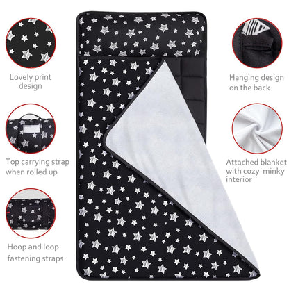 Toddler Sleeping Bag Nap Mat Black with Fleece Blanket, Lightweight, Soft Perfect for Kids Preschool, Daycare, Travel Sleeping Bag Boys Girls, 21" X 50" Fit Standard Cot