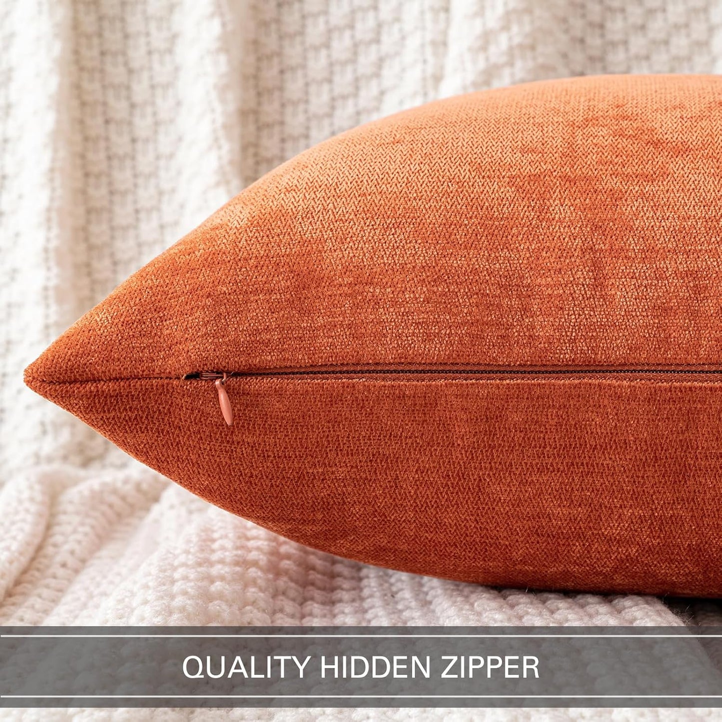 Set of 2 18x18 Inch Burnt Orange Chenille Decorative Pillow Covers for Autumn Home Decor, Ideal for Sofa and Bedroom Living Spaces