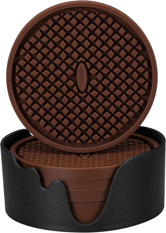 Silicone Coasters [6 Pack] Thickened Drink Coasters with Holder - Cup Mat - Non-Slip, Non-Stick, Stay Put, Deep Tray - Prevents Furniture and Tabletop Damages(Coffee)