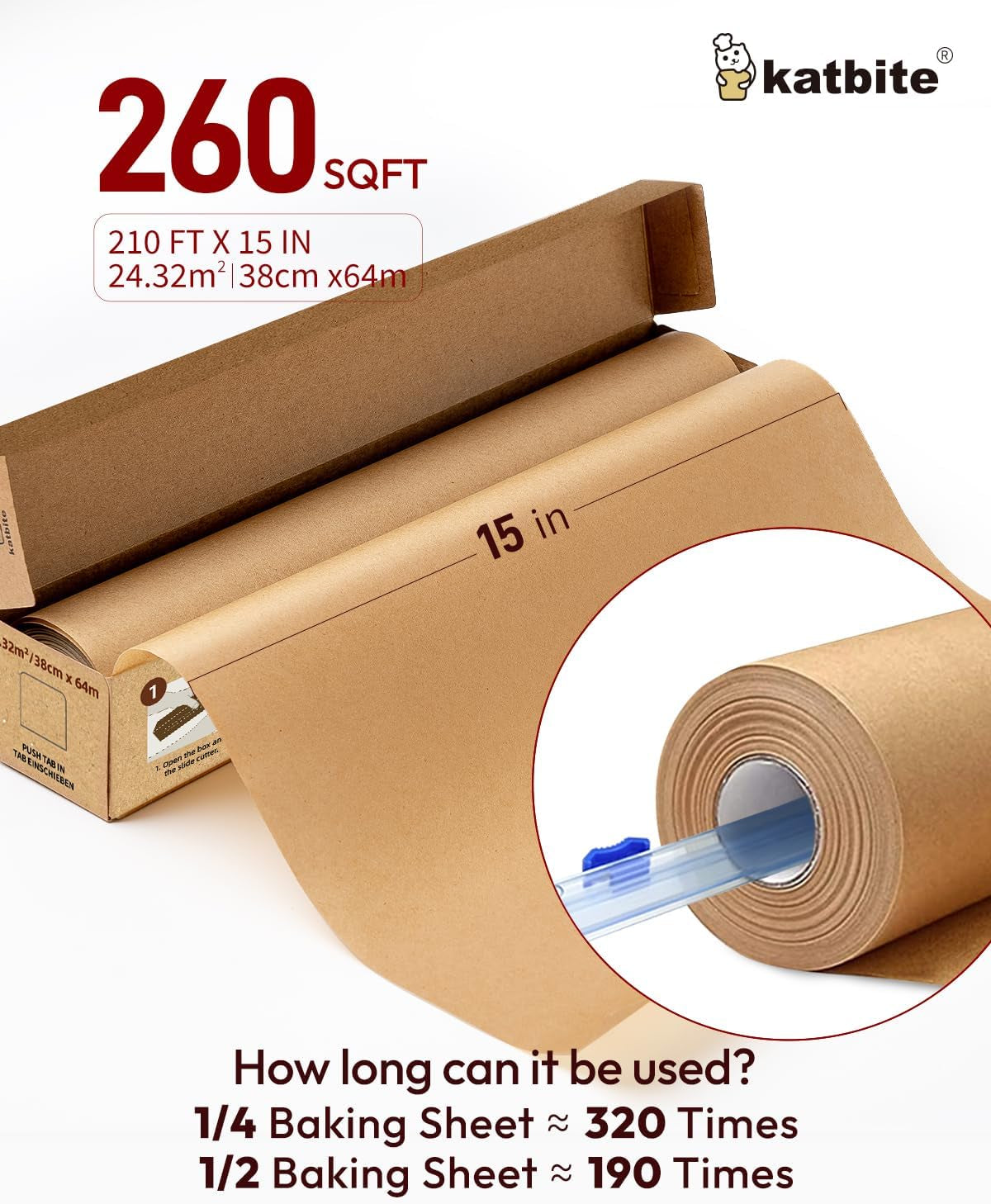 Heavy Duty Parchment Paper Roll for Baking, 15 in X 210 Ft, 260 Sq.Ft Baking Paper with Slide Cutter, Easy to Cut & Non-Stick Cooking Paper for Bread, Cookies, Air Fryer, Steaming, Grilling