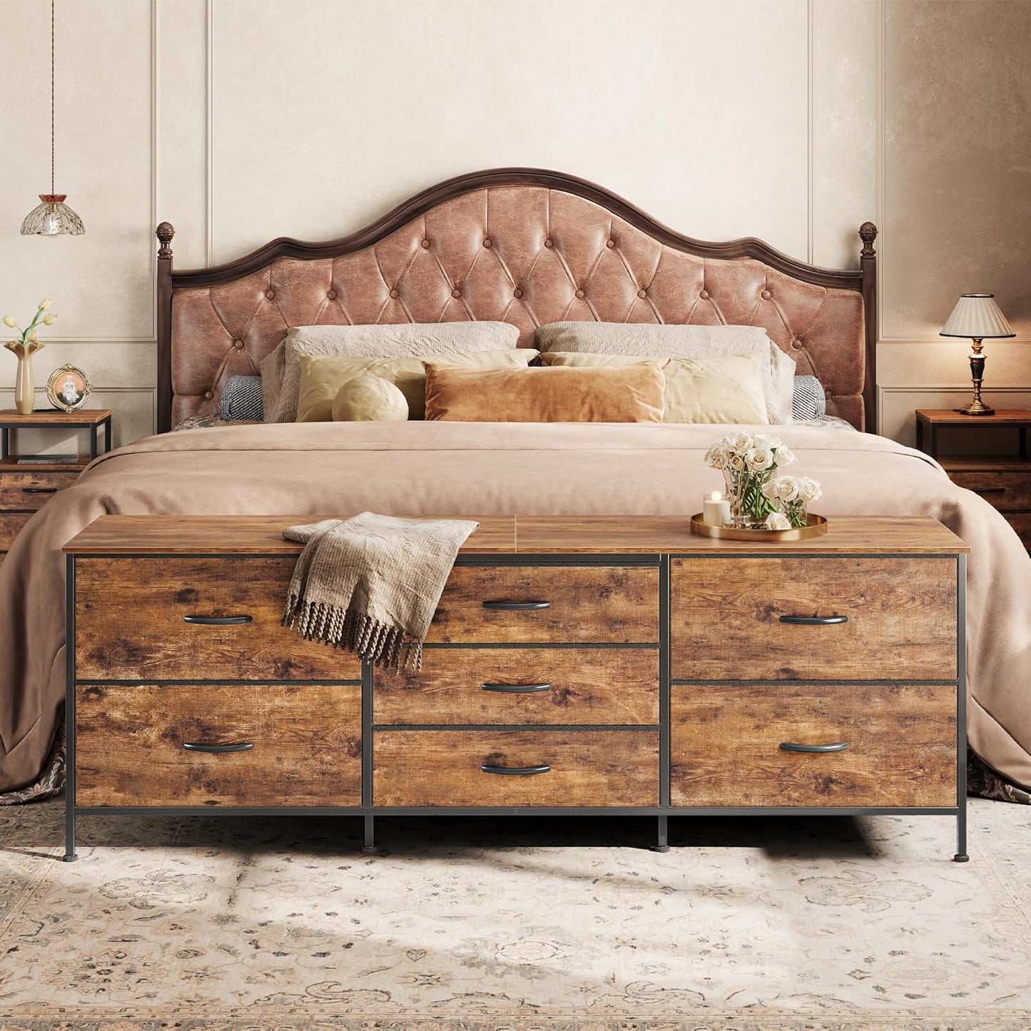 Rustic Brown 63-Inch TV Stand and 7-Drawer Dresser for Bedroom Storage, Suitable for 55 to 70 Inch TVs