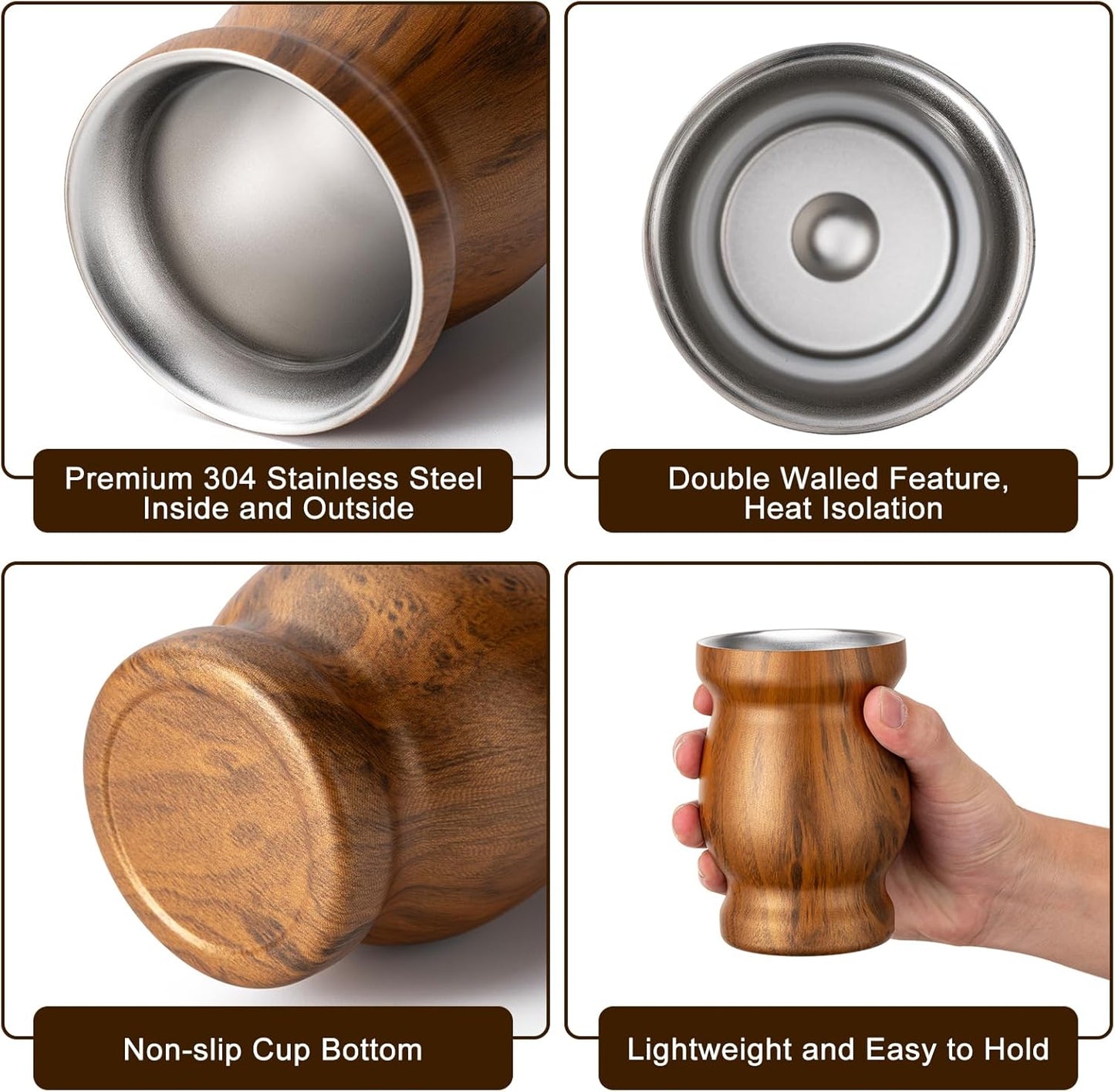 8Oz Yerba Mate Cup, 304 Stainless Steel Double-Wall Mate Cup, Heat Insulation Yerba Mate Gourd, Tea Cup Set Includes Cleaning Brush & 2 Bombillas (Wood)