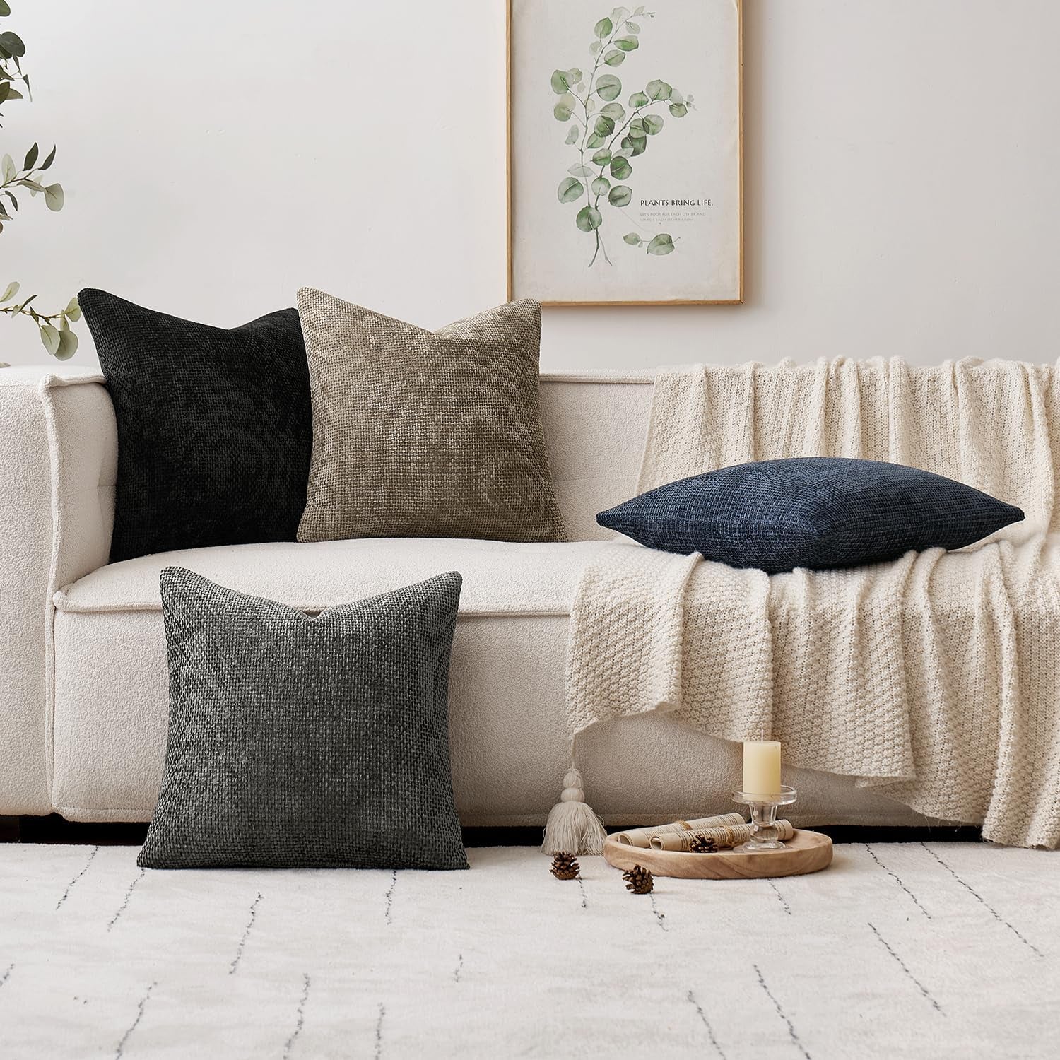 Pack of 2 Couch Throw Pillow Covers 18X18 Inch Coastal Navy Blue Modern Boho Accent Decorative Pillow Covers Soft Chenille Farmhouse Cushion Covers for Home Decor Bed Sofa Living Room