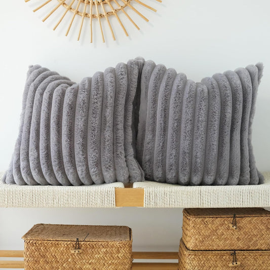 Pack of 2 Faux Fur Plush Decorative Throw Pillow Covers Couch Cushion Case Soft Pillowcases (Grey, 20 X 20-Inch)