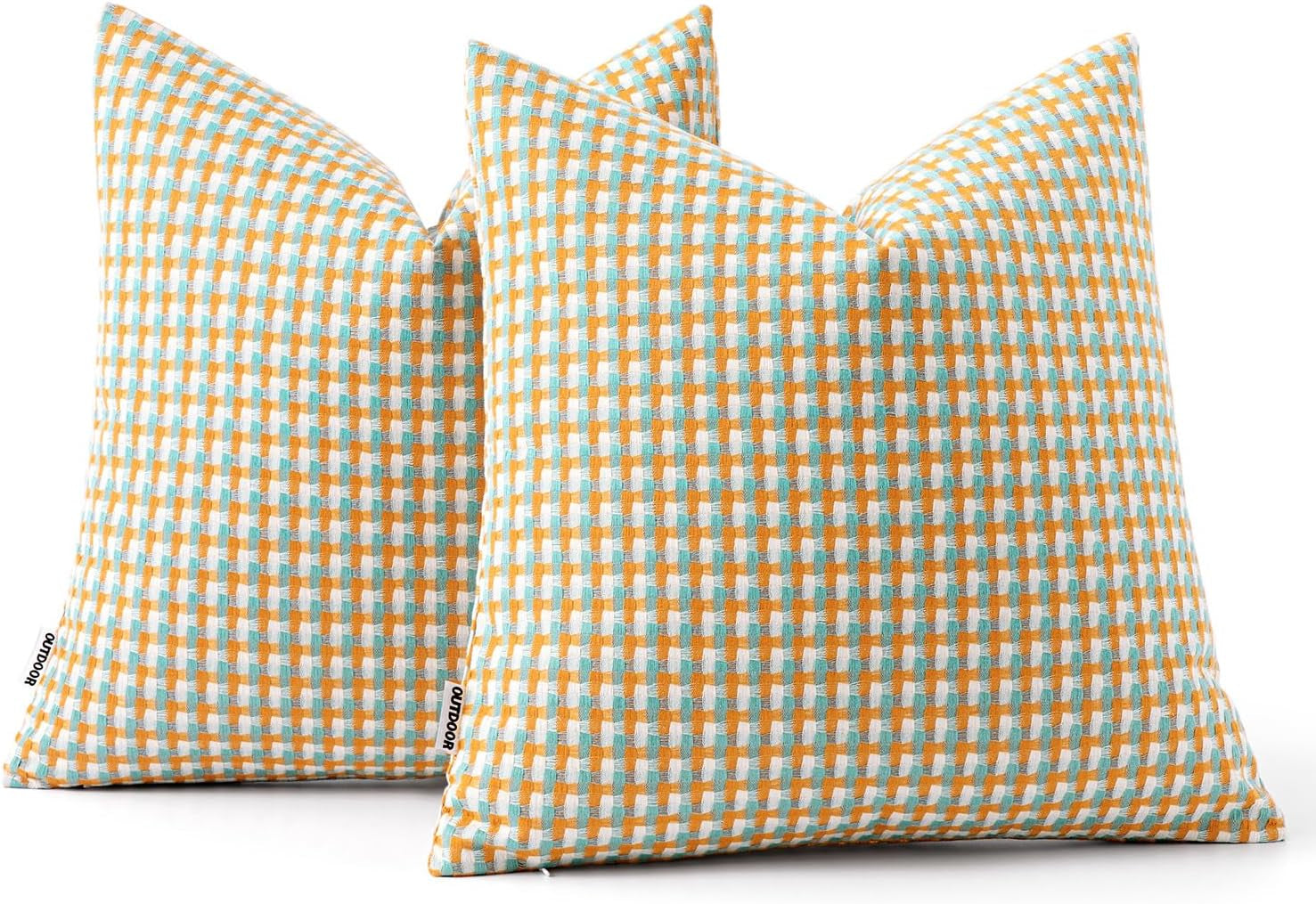 Set of 2 Waterproof Outdoor Throw Pillow Covers - Decorative Farmhouse Square Pillows for Tent, Patio, Garden, Balcony, and Sofa - 16x16 Inches in Orange and Green