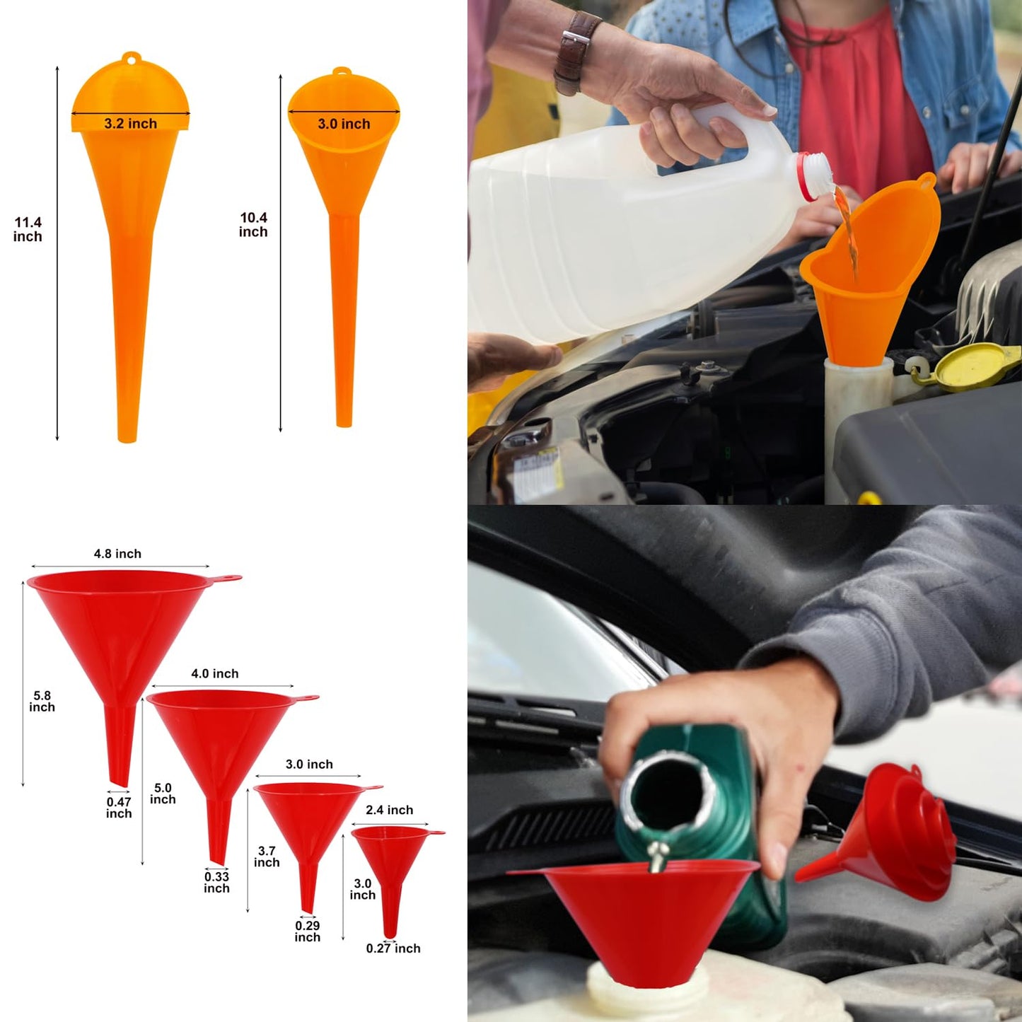 Funnels for Automotive Use Set of 10, Plastic Oil Funnel Set for Gasoline and Coolant, Fuel Funnel with Flexible Hose for Car, Large Funnels for Gas Transfer