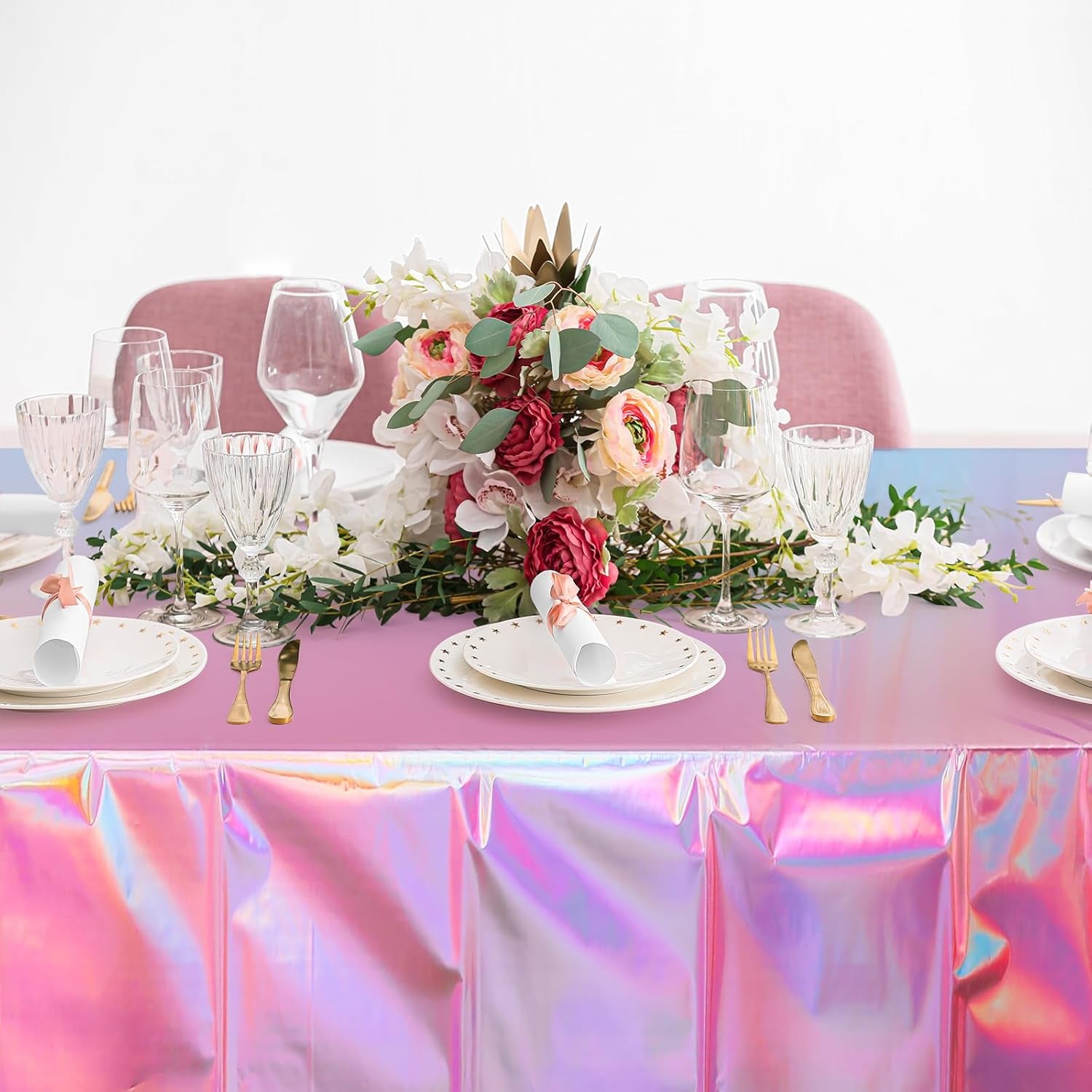 1 Pack Iridescent Pink Plastic Tablecloths,  Shiny Disposable Laser Rectangle Table Covers, Holographic Foil Tablecloth Iridescent Party Decorations for Birthday Wedding Christmas, 54X108Inch