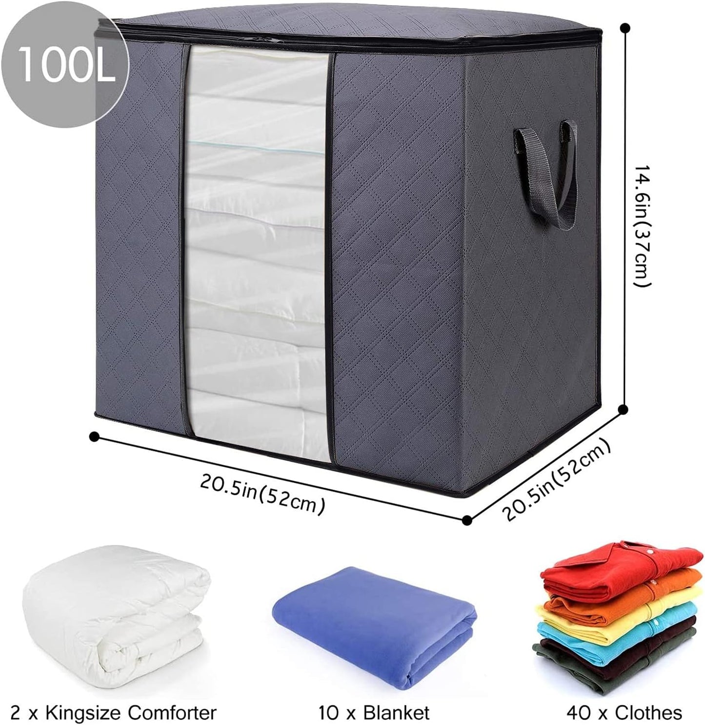 Clothes Storage Bags 6 Pack/100L Large Blanket Clothes Organization and Storage Containers for Bedding, Comforters, Foldable 3 Layer Fabric, Reinforced Handle, Sturdy & Clear Window, Grey