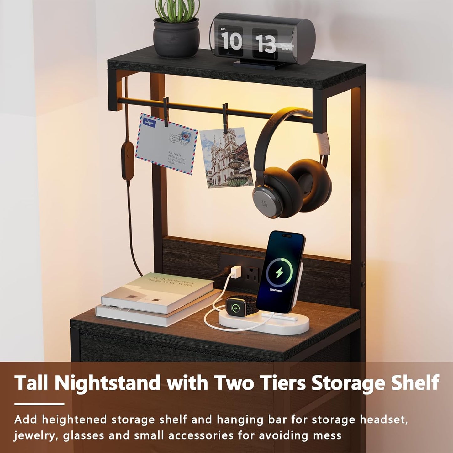 Elegant Tall Nightstand with Integrated Charging Station, LED Lighting, and Ample Storage Shelves, Versatile Bedside Table for Bedroom, Hallway, or Office, Featuring 4 Fabric Drawers in Black Oak Finish