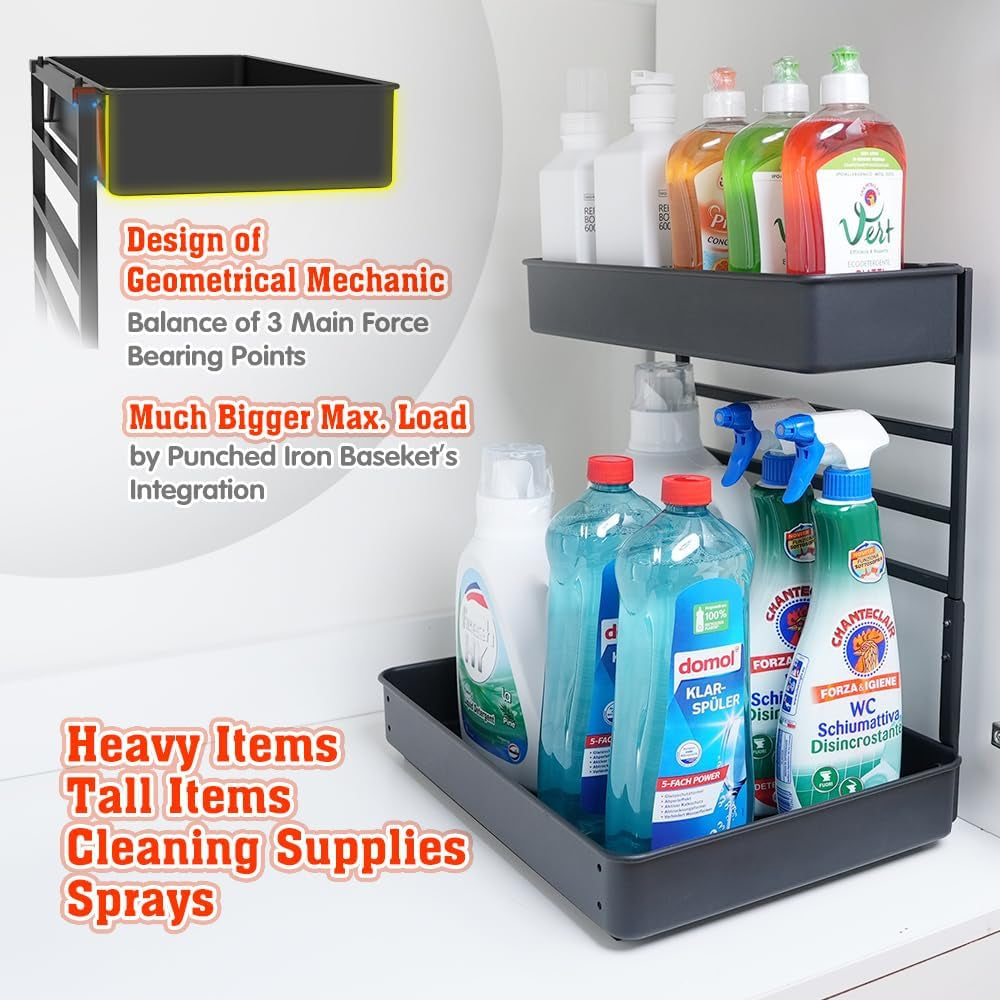 Height Adjustable 2 Tier Metal Pull Out Slide Shelf Organizer for under Sink Cabinets in Kitchen, Bathroom, with Snap-On Top Tray, 16" Deep (Black, 2 Sets)