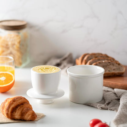 Butter Crock with Water Line for Countertop, French Dish with Lid, Ceramic Keeper for Fresh Spreadable Butter, Container Holder for Kitchen and Home Decor, White