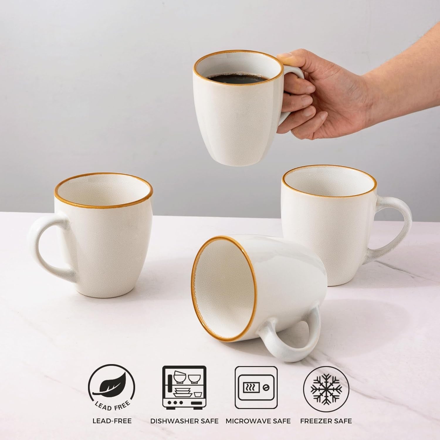Ceramic Coffee Mug Set of 6, 12oz Stoneware Cups for Versatile Beverages, Lightweight and Dishwasher/Microwave Safe - Pearl White