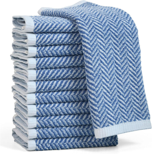 Wash Cloths for Your Face and Body, 12 Washcloths for Showering with Decorative Herringbone Stripes, 100% Cotton, Light Blue, 13 X 13 Inches