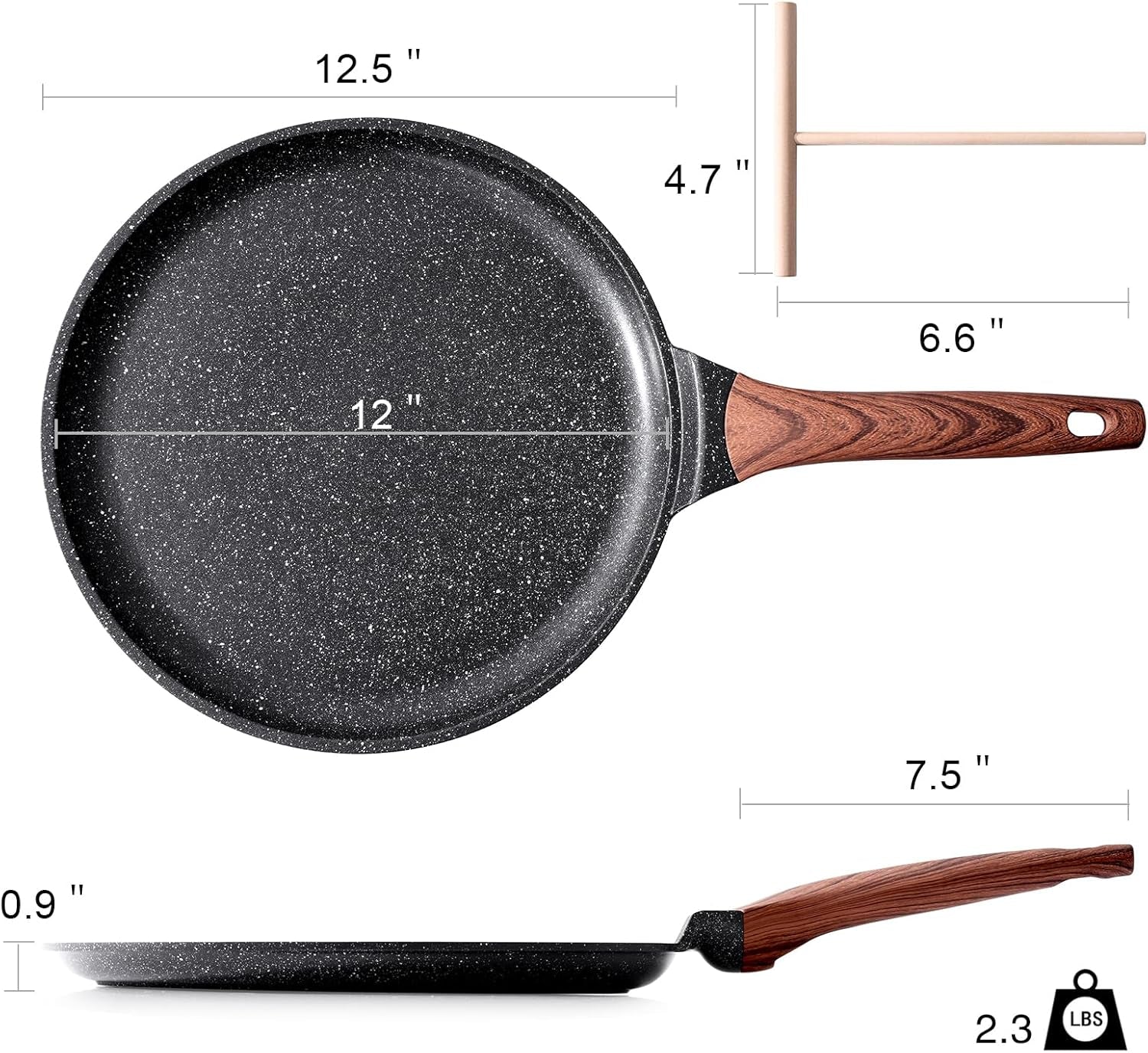 Crepe Pan Nonstick, 12 Inch Dosa Pan with Spreader, Granite Coating Comales Para Tortillas Pancake Pan, Flat Pan for Stove Top, Induction Compatible, PFOA Free