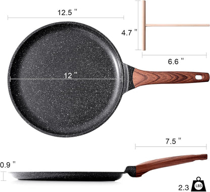 Crepe Pan Nonstick, 12 Inch Dosa Pan with Spreader, Granite Coating Comales Para Tortillas Pancake Pan, Flat Pan for Stove Top, Induction Compatible, PFOA Free