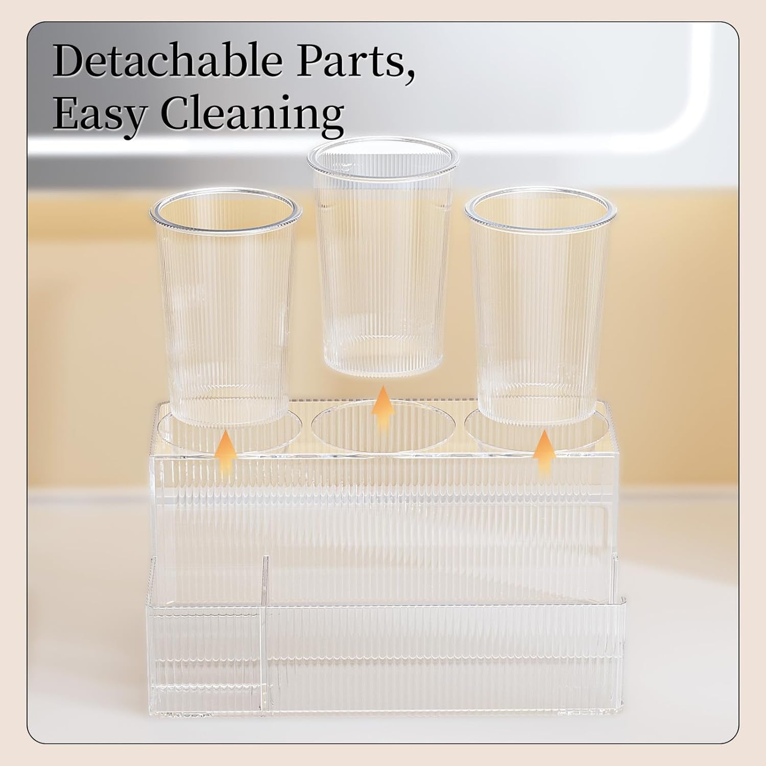 Hair Tool Organizer, Bathroom Sink Vanity Trays, Hair Dryer Holder with Detachable 3 Cups, Transparent Wave Design, Stylish & Durable, Ideal for Makeup, Vanity, Bathroom Counter Organizers and Storage