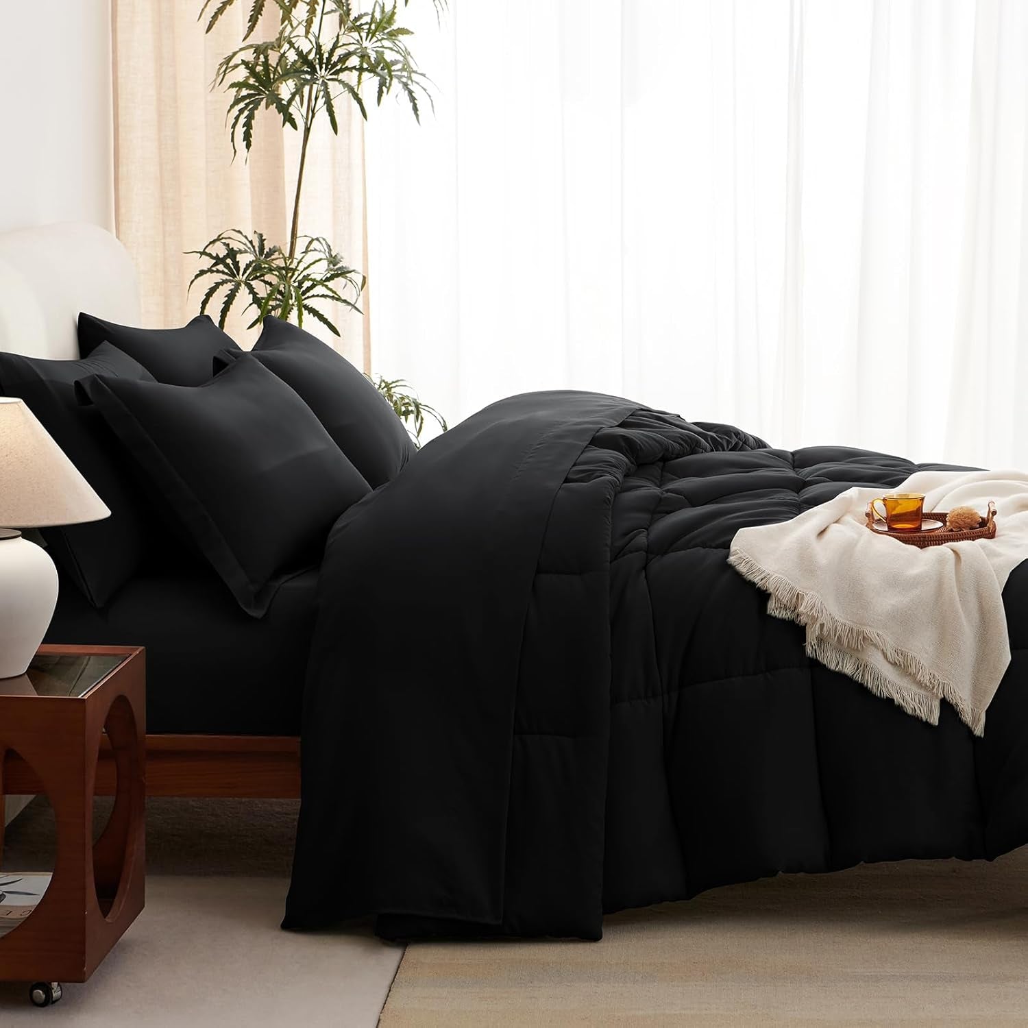 Black Queen Comforter Set with Sheets - 7 Pieces Bed in a Bag Queen Bedding Sets, All Season Soft 7PC Bed Set with Black Comforter, Flat Sheet, Fitted Sheet, Pillowcases & Pillow Shams