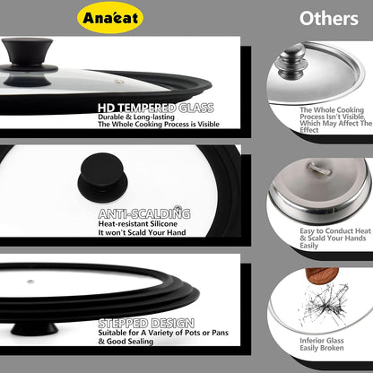 Silicone Universal Lid for Pots, Pans and Skillets - Tempered Glass Covered with Heat Resistant Silicone Rim Fits 9.5", 10" and 11" Diameter Cookware -Easy to Use Replacement Frying Pan Cover