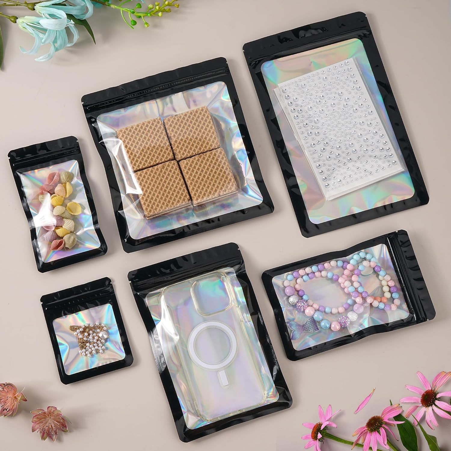 100-Pack 2×2 Inch Mylar Bags with Clear Window Holographic Resealable Sealable Packaging Zip Bag for Small Bussiness Jewelry Candy Sample Food Packing Supplies （Black）