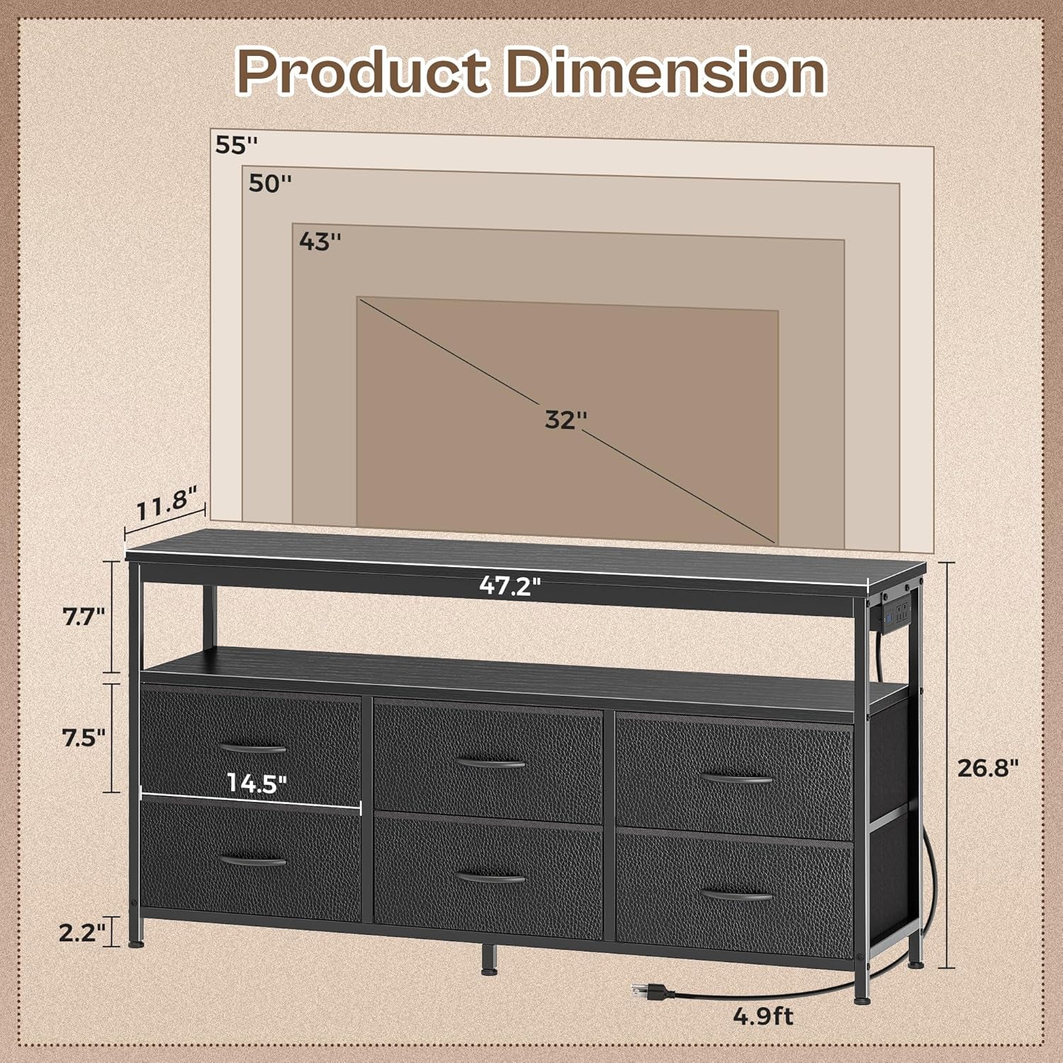 LED TV Stand for Bedrooms and Living Rooms, 47-Inch Dresser with Storage for 43, 50, and 55-Inch TVs, Black Entertainment Center with Power Outlets and 6 Drawer Fabric Dresser