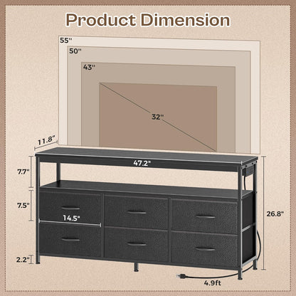 LED TV Stand for Bedrooms and Living Rooms, 47-Inch Dresser with Storage for 43, 50, and 55-Inch TVs, Black Entertainment Center with Power Outlets and 6 Drawer Fabric Dresser