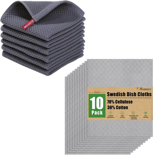 100% Cotton Kitchen Dish Cloths(Dark Grey, 12 X 12 Inches, 6-Pack) and Swedish Dishcloths for Kitchen(Grey, 10 Pack), Reusable and Eco-Friendly Cellulose Sponge Cloths