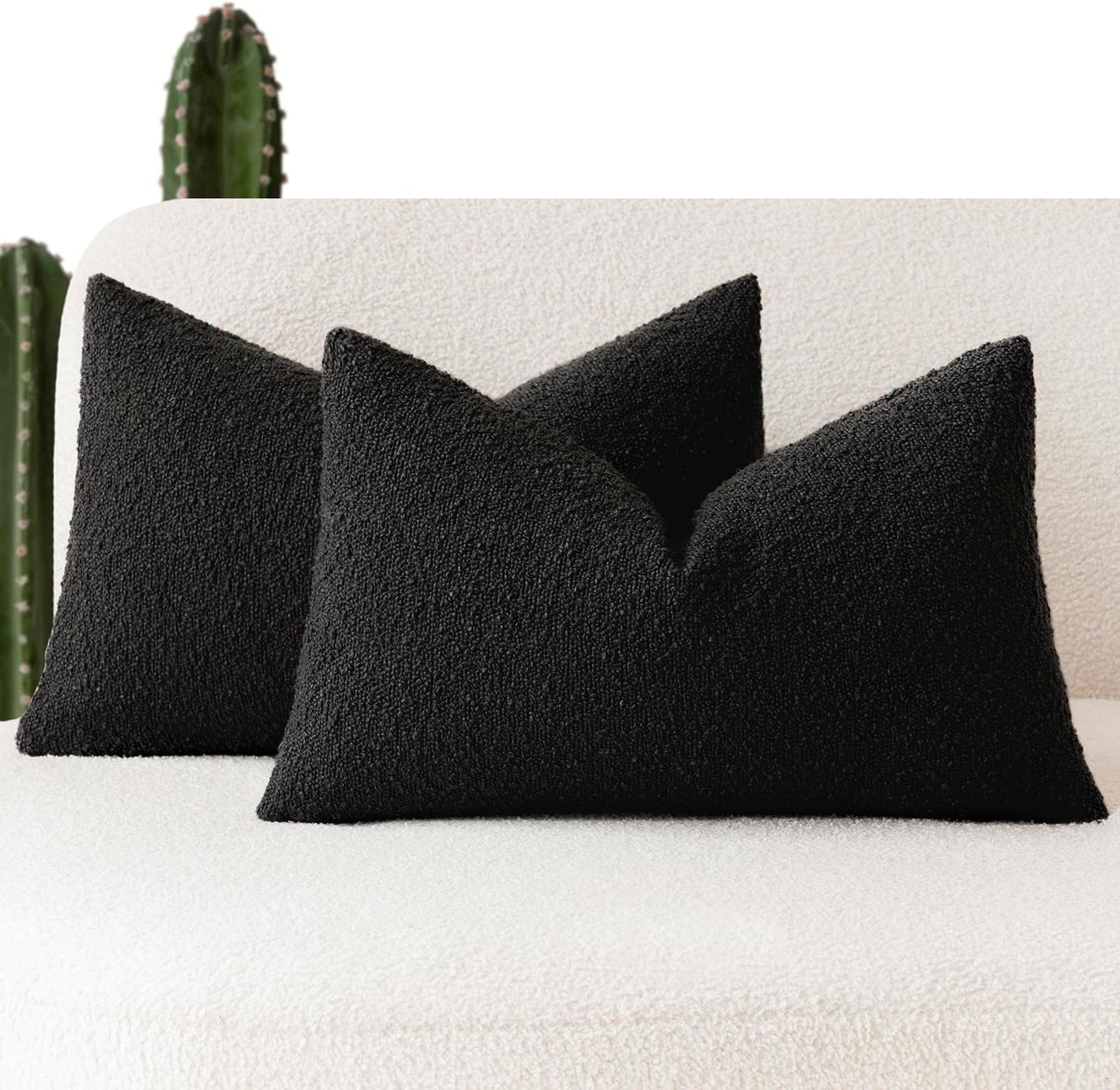 Set of 2, Decorative Textured Boucle Throw Pillow Covers Accent Solid Lumbar Pillow Cases Cozy Couch Cushion Case for Chair Sofa Bedroom Living Room Home Decor 12 X 20 Inch Black