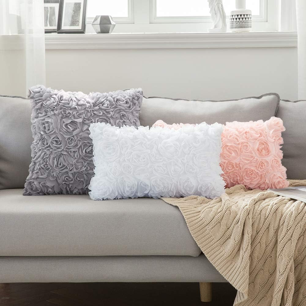 3D Decorative Chiffon Rose Flower Throw Pillow Cover - Romantic Solid Pillowcase for Weddings, Sofas, Bedrooms, and Cars - Peach Pink, 12x20 Inch (30x50 cm)
