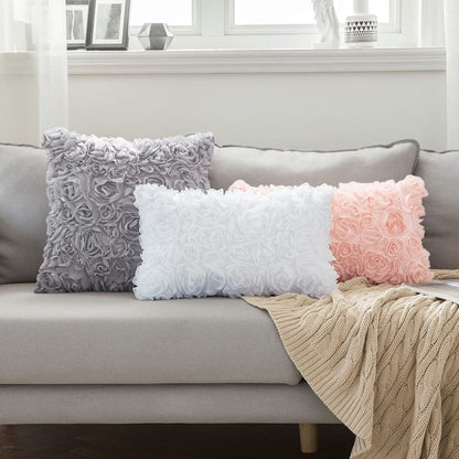 3D Decorative Chiffon Rose Flower Throw Pillow Cover - Romantic Solid Pillowcase for Weddings, Sofas, Bedrooms, and Cars - Peach Pink, 12x20 Inch (30x50 cm)