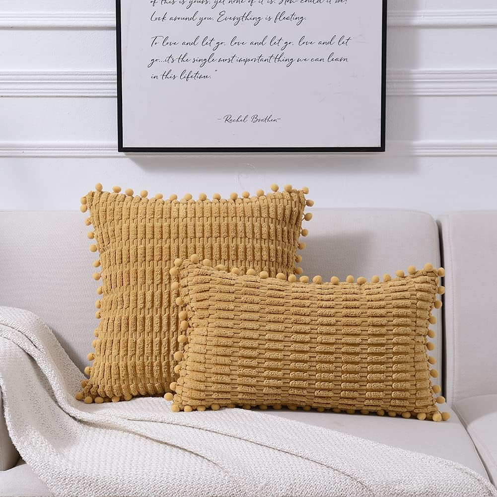2 Packs Mustard Yellow Decorative Throw Pillow Covers 20X20 Inch with Pom-Poms for Couch Bed Living Room, Farmhouse Boho Home Decor, Soft Corduroy Cute Square Cushion Case 50X50 Cm
