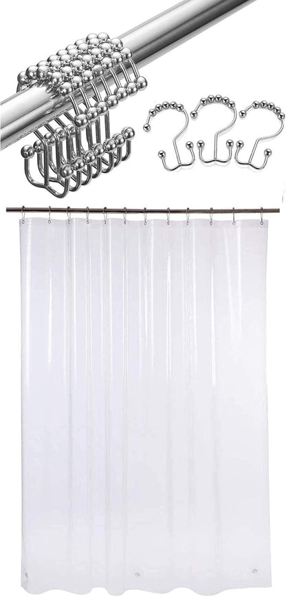 Set of 72 W X 72" H Plastic Shower Curtain, Stainless Steel Shower Curtain Rings Metal Double Glide Shower Hooks for Bathroom Shower Rods Curtains