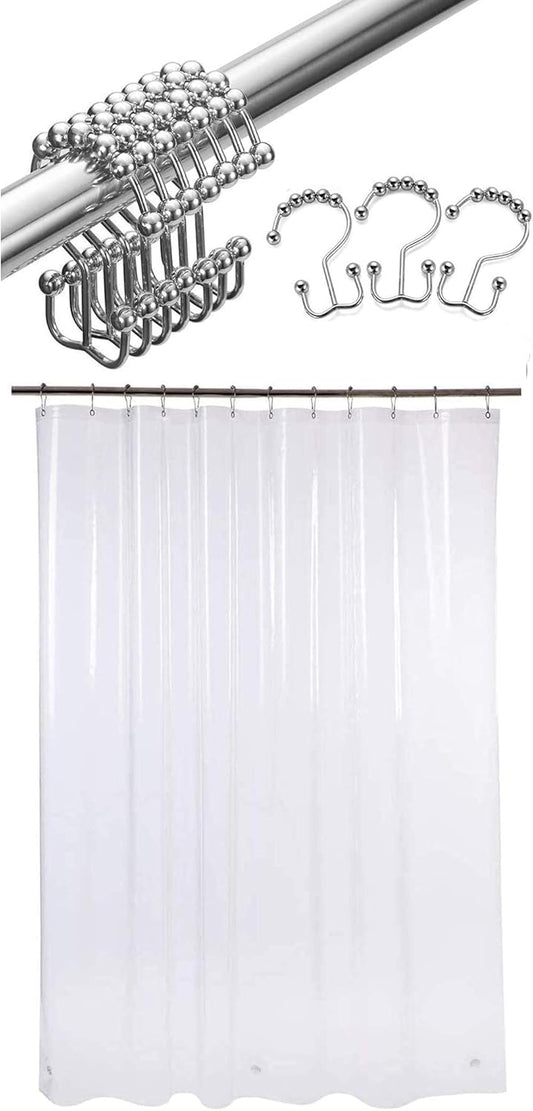 Set of 72 W X 72" H Plastic Shower Curtain, Stainless Steel Shower Curtain Rings Metal Double Glide Shower Hooks for Bathroom Shower Rods Curtains