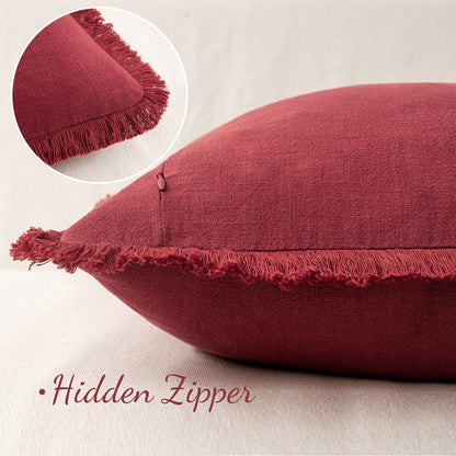 Linen Pillow Covers 18X18 Inch Decorative Throw Pillows with Fringe Pack of 4 Soft Farmhouse Boho Couch Pillows Home Decors for Sofa Cushion Living Room Bed Dark Green and Burgundy