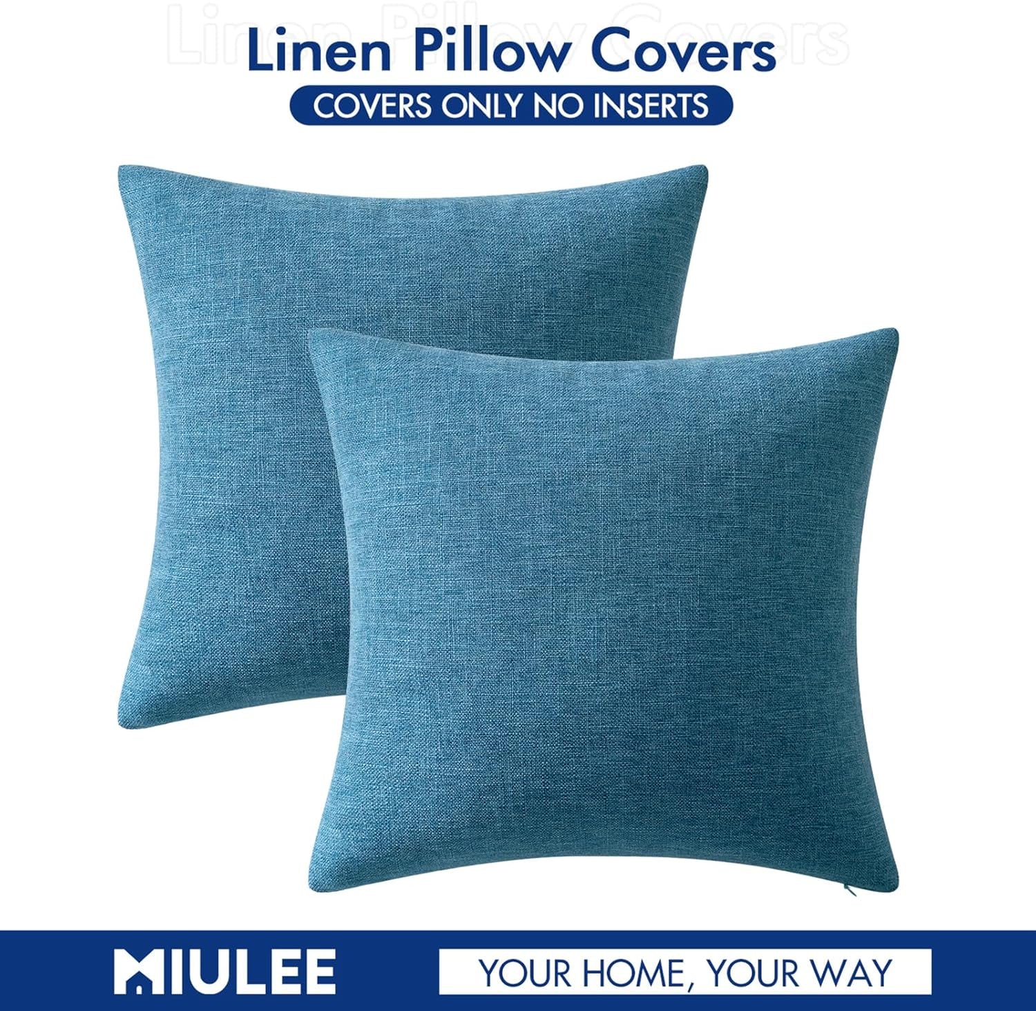 Pack of 2 Decorative Farmhouse Linen Pillow Covers Rustic Boho Accent Outdoor Couch Throw Pillow Covers for Cushion Bed Sofa Living Room Home Decor 18X18 Inch Blue