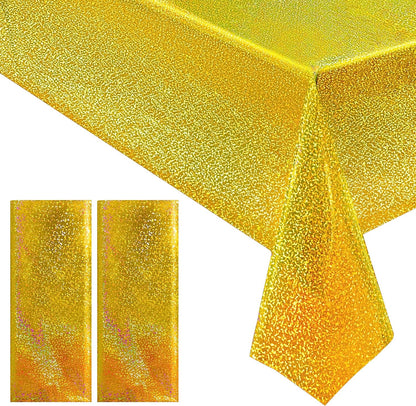 Gold Holographic Tablecloths - Set of 2, 40" x 108", Laser Shiny Plastic Glitter Foil Covers for Christmas, Weddings, Graduations, Baby Showers, 1920s Birthday Parties, and Anniversaries