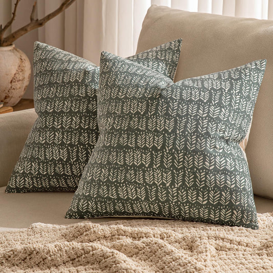 Set of 2 Christmas Neutral Boho Farmhouse Throw Pillow Covers 18X18 Inch Dark Green Vintage Accent Floral Cotton Linen Pillowcases for Couch Bed Living Home Decor