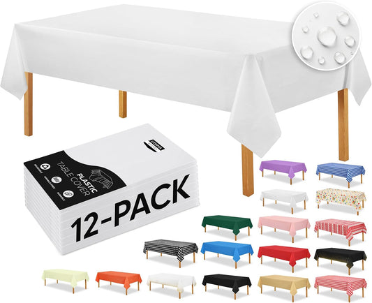 Plastic Table Cloth Disposable (12 Pack - 54X108 Inch) White Rectangle Tablecloth Waterproof Stain Resistant Party Table Cover